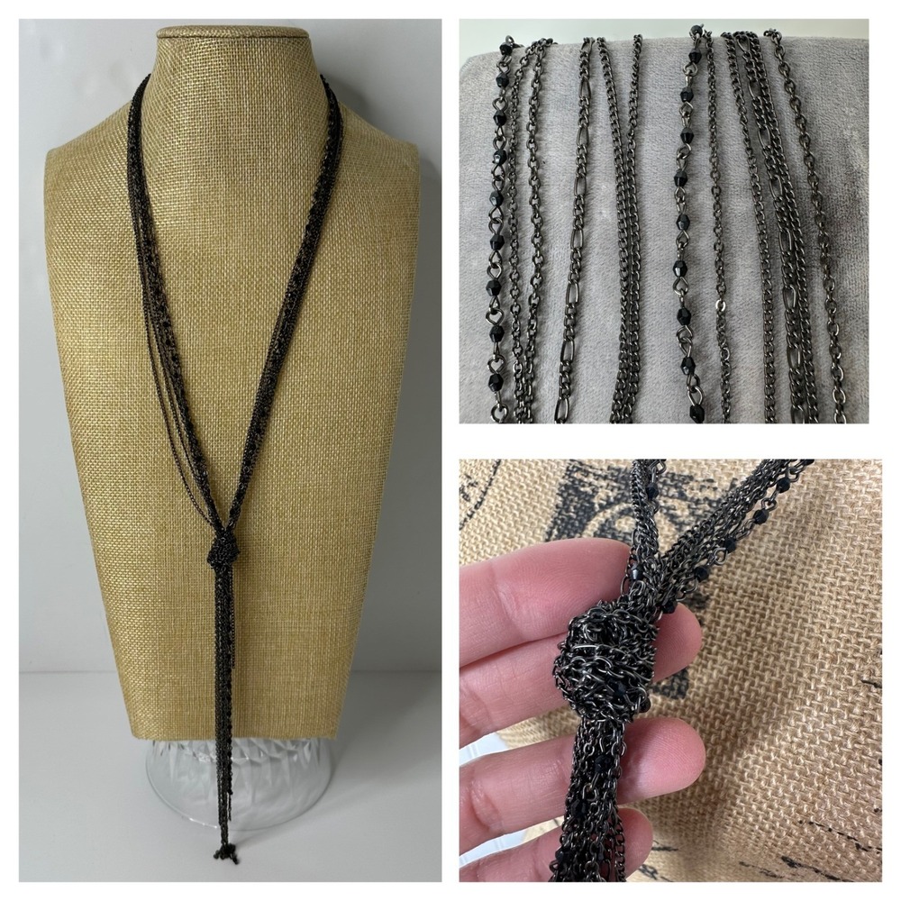 Black Multi Strand Knotted Necklace Beaded Tassel Mixed Chain Adjustable Layered